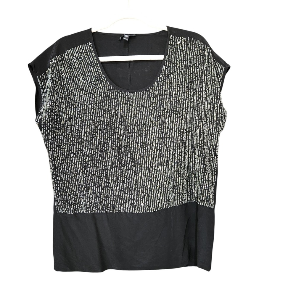 Eileen Fisher Sequin Rivulet Black 100% Silk Top Cap Sleeve XS Boxy Oversized